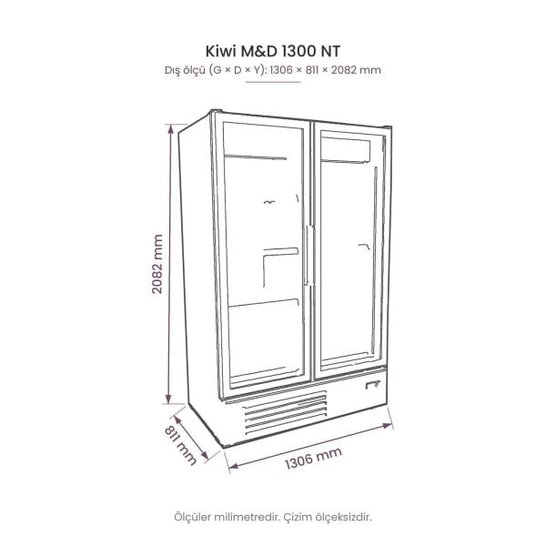 Kiwi M&D 1300 NT İki Kapılı Cam Kapılı Negatif Dikey Dolap teknik çizim