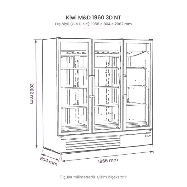 Kiwi M&D 1960 3D NT Üç Kapılı Cam Kapılı Negatif Dikey Dolap teknik çizim