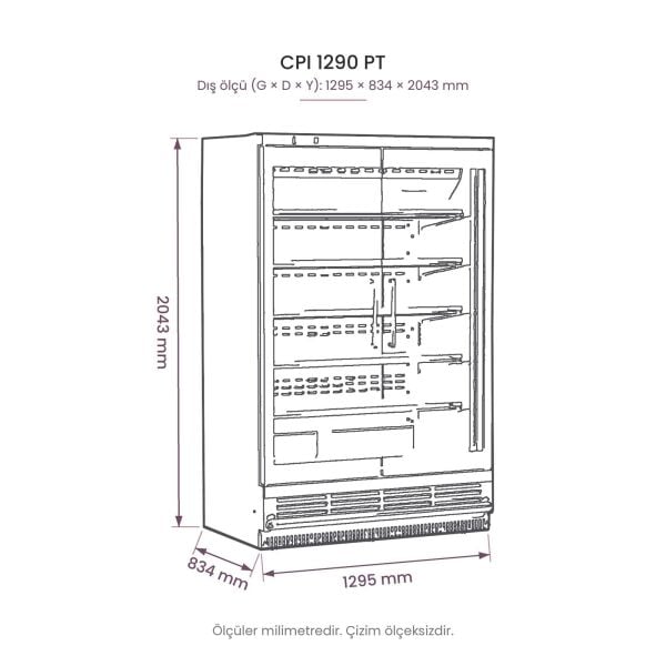 CPI 1290 PT Cam Kapılı Plug-in Dikey Soğutucu Dolap teknik çizim
