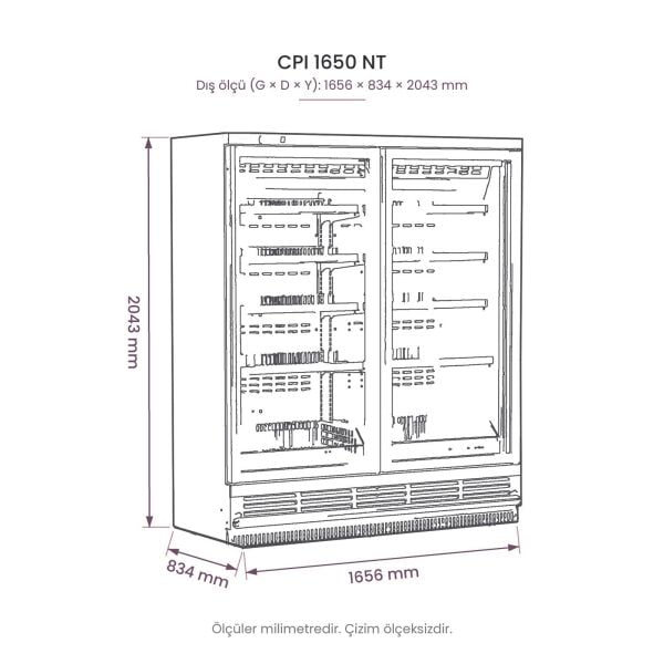 CPI 1650 NT Cam Kapılı Plug-in Dikey Dondurucu Dolap teknik çizim