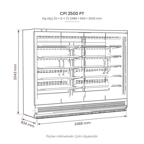CPI 2500 PT Cam Kapılı Plug-in Dikey Soğutucu Dolap teknik çizim