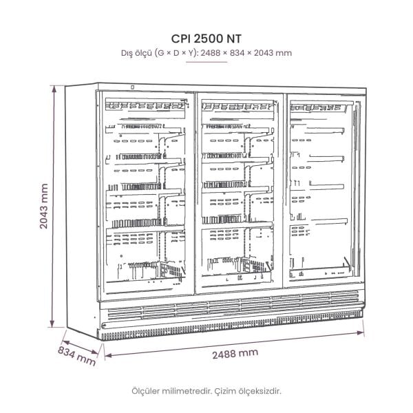 CPI 2500 NT Cam Kapılı Plug-in Dikey Dondurucu Dolap teknik çizim